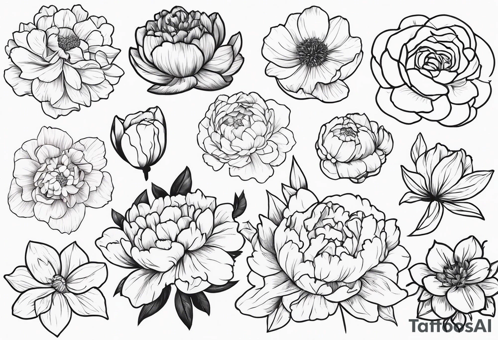 8 flowers to symboize 8 family design : 
peony, carnation, daffodil, daphne, dahlia, desiree, daisy and rose for a sleeve tattoo idea