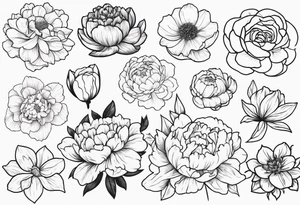 8 flowers to symboize 8 family design : 
peony, carnation, daffodil, daphne, dahlia, desiree, daisy and rose for a sleeve tattoo idea