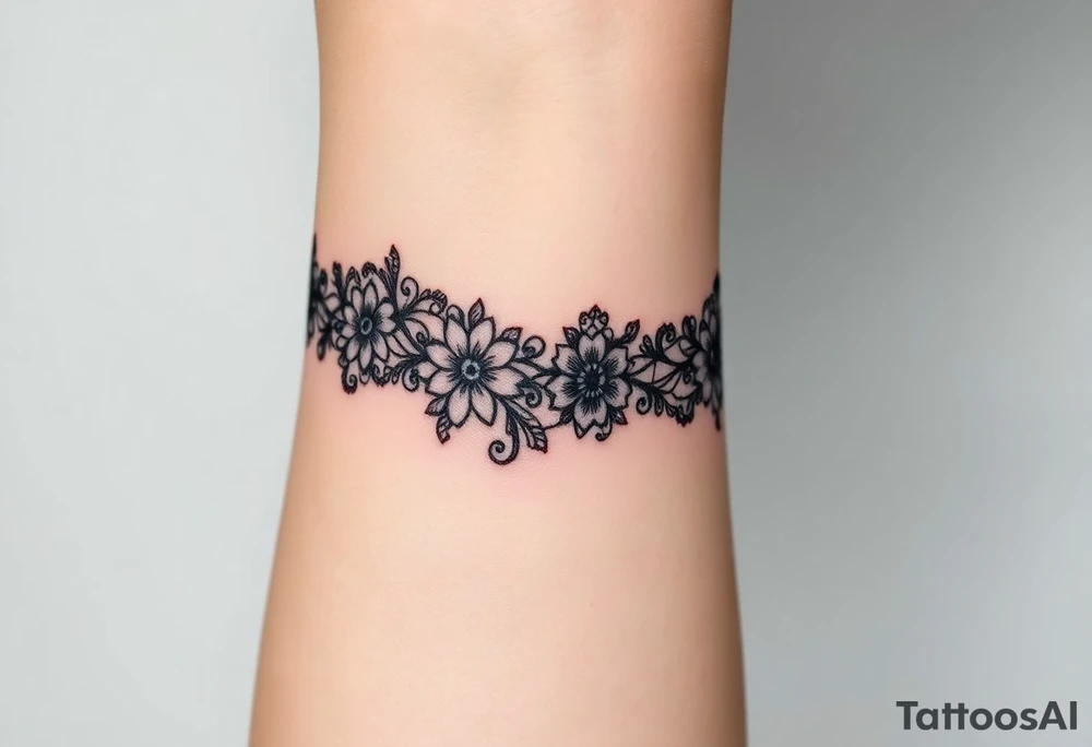 A delicate black lace band wrapped around the wrist, featuring intricate floral and filigree patterns tattoo idea