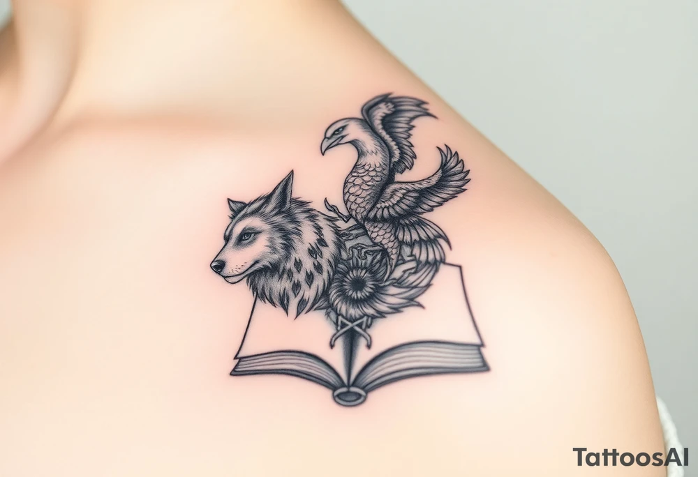 An open book with a werewolf, owl, dragon & phoenix above it tattoo idea An open book with a werewolf, owl, dragon & phoenix above it tattoo idea