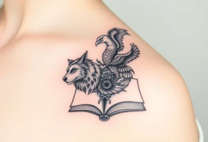 An open book with a werewolf, owl, dragon & phoenix above it tattoo idea