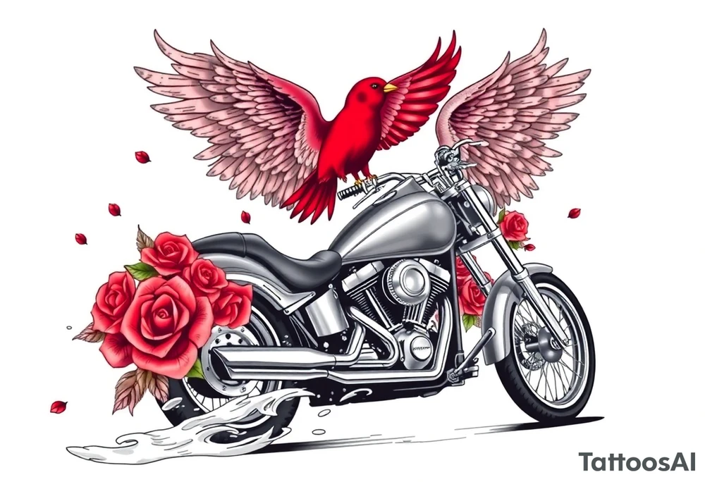 Harley grey motorcycle driving away, two red birds flying, roses, flames, angel wings tattoo idea