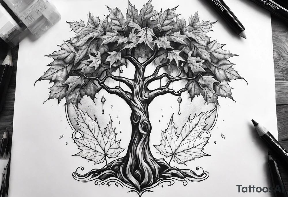 A cross and a maple tree tattoo idea