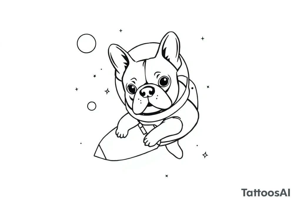 a space themed tattoo of my french bulldog mars. include elements in space like planets and stars. mars should be depicted as a astronaut in a spaceship flying through space tattoo idea