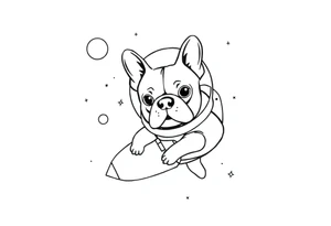 a space themed tattoo of my french bulldog mars. include elements in space like planets and stars. mars should be depicted as a astronaut in a spaceship flying through space tattoo idea