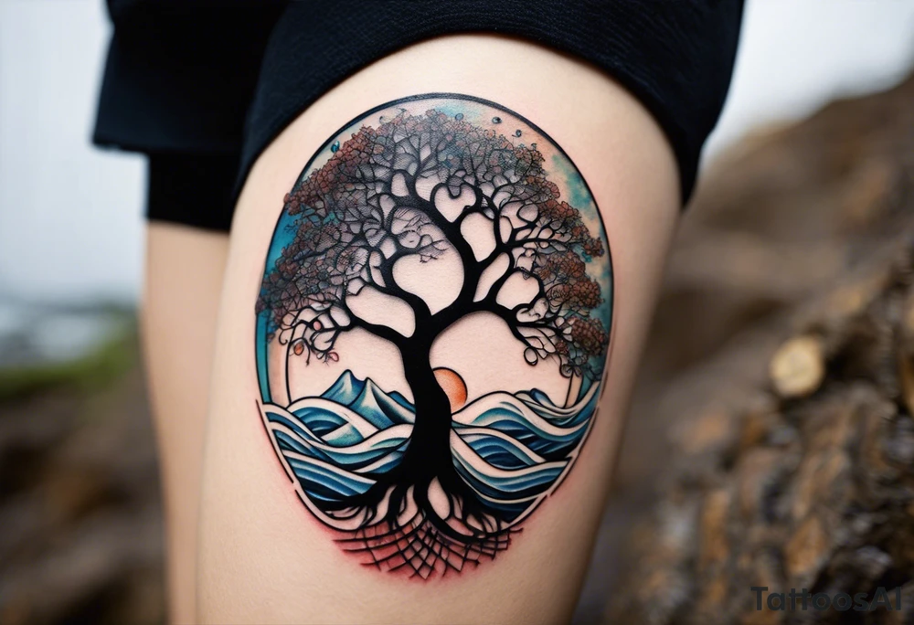 A tattoo of an abstract Tree of Life tattoo to be placed directly on the bicep of a woman. It can wrap around the arm a little. It should have roots growing out of the bottom. The roots slowly turn into water from the Great Wave by Hokusai. A golf flag should be placed discreetly growing out of the ground. 2 license plate tags should be hanging from the tree. Place a few music notes in the areas the leaves should be. The letters A U should be engraving into the tree trunk in a heart. Not inside a circle. The overall shape of the tattoo should be organic. Black and white only. tattoo idea