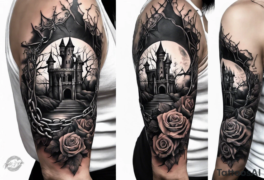 tattoo fool sleeve, destroyed dark gothic castle, tree roots break out of the chains, broken mask, roses tattoo idea