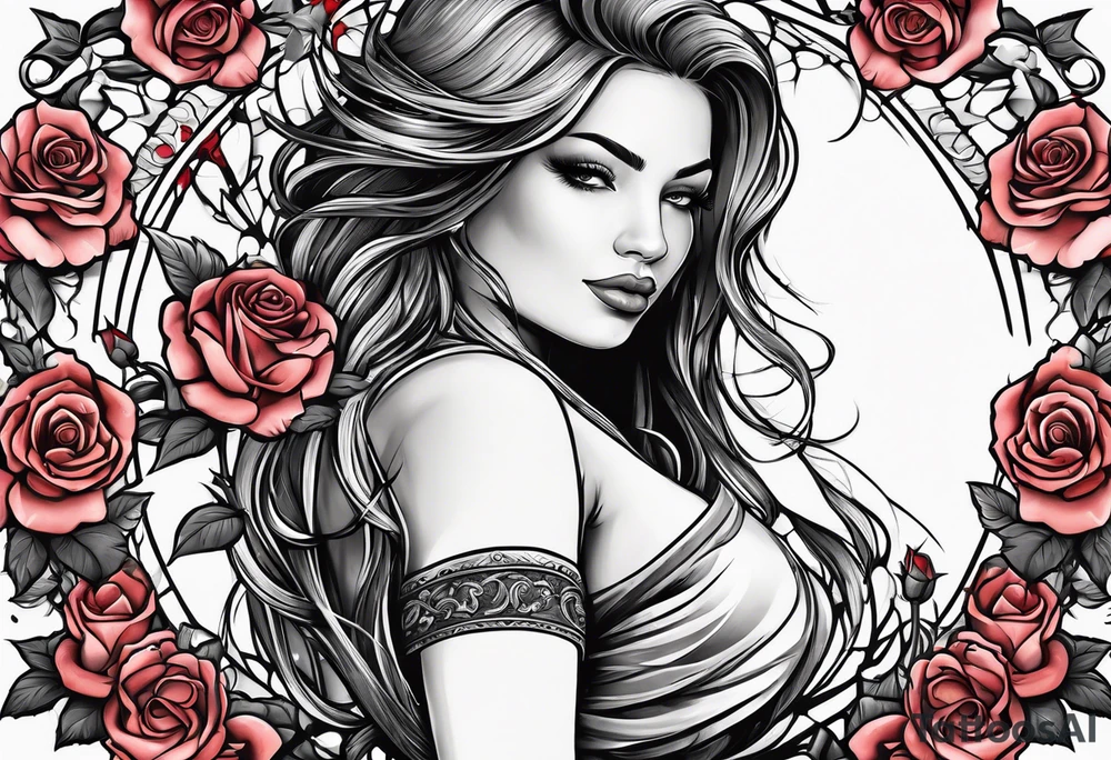 Beautiful angle with tattoos surrounded by roses holding a ak 47 tattoo idea
