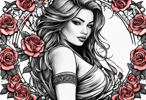 Beautiful angle with tattoos surrounded by roses holding a ak 47 tattoo idea