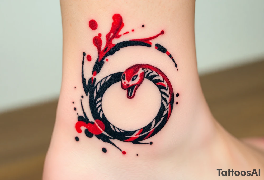 An ink-splattered Ouroboros snake forming cyrcle, appearing as if it was painted in bold brush strokes of deep red and black, symbolizing artistic chaos and creation. tattoo idea