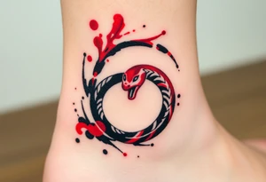 An ink-splattered Ouroboros snake forming cyrcle, appearing as if it was painted in bold brush strokes of deep red and black, symbolizing artistic chaos and creation. tattoo idea