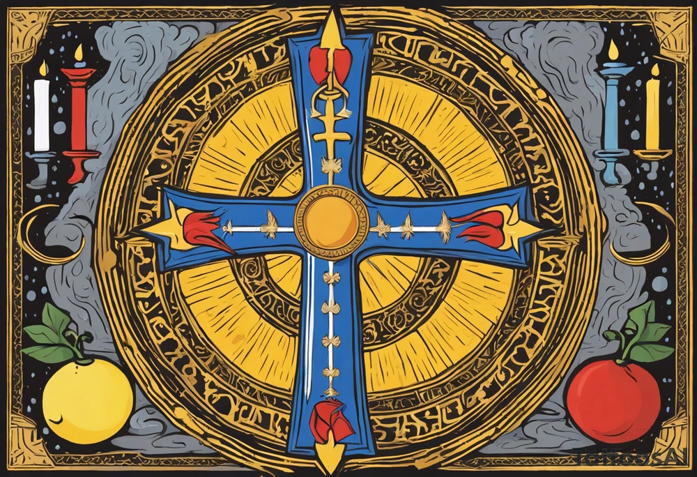 A medieval cross with an assyrian flag in the middle. A crown om top of the cross. The assyrian king Sennacherib. A sun and a moon. A cloud with rain and thunder. charizard. an imperfect cirkle. a candle. a swan. lemons. the god asshur with wings. an ankh. angel wings with a halo. surrounded by olive branches and feathers. tattoo idea