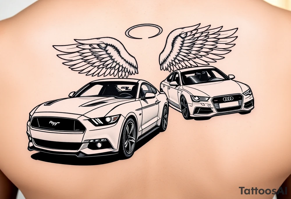 2014 Mustang GT driving down highway with 2015 Audi S5 with Angel wings and halo above 2015 Audi S5 tattoo idea