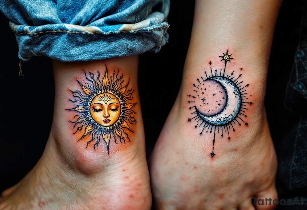 A golden sun and silver moon on each of partner ankle represent balance and eternal connection. tattoo idea