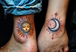 A golden sun and silver moon on each of partner ankle represent balance and eternal connection. tattoo idea