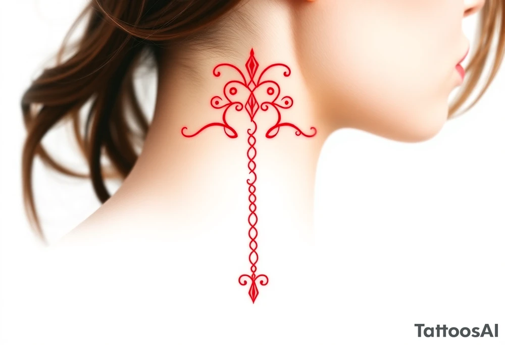 Tattoo that combines the star sign Taurus and Libra ,in red , down the spine tattoo idea