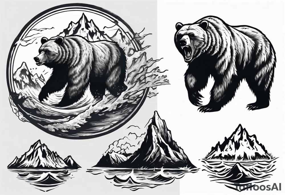 A growling grizzly bear standing and inside a realistic depiction of the triglav mountain in slovenia and under the sea pounding the mountain. All inside the bear tattoo idea