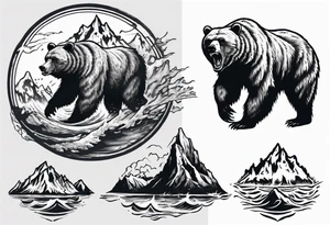 A growling grizzly bear standing and inside a realistic depiction of the triglav mountain in slovenia and under the sea pounding the mountain. All inside the bear tattoo idea