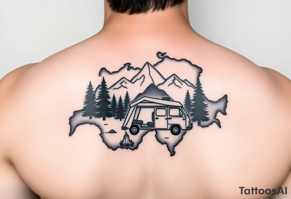 Simplistic, black and white tattoo, the whole tattoo must be inside the contour of the Switzerland map. A little camping tent, a VW Caddy on the side, a little fire, in the woods, surrounded by alps and a couple pine trees. tattoo idea