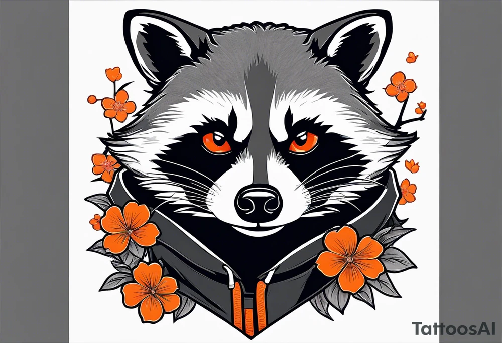 Raccoon wearing a white Superman logo on a black hoodie and orange Japanese cherry blossoms beside tattoo idea