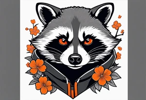 Raccoon wearing a white Superman logo on a black hoodie and orange Japanese cherry blossoms beside tattoo idea