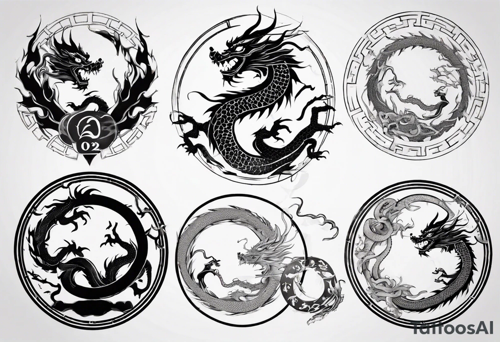 Chinese dragon in a circular shape with "02.03" written on its skin tattoo idea