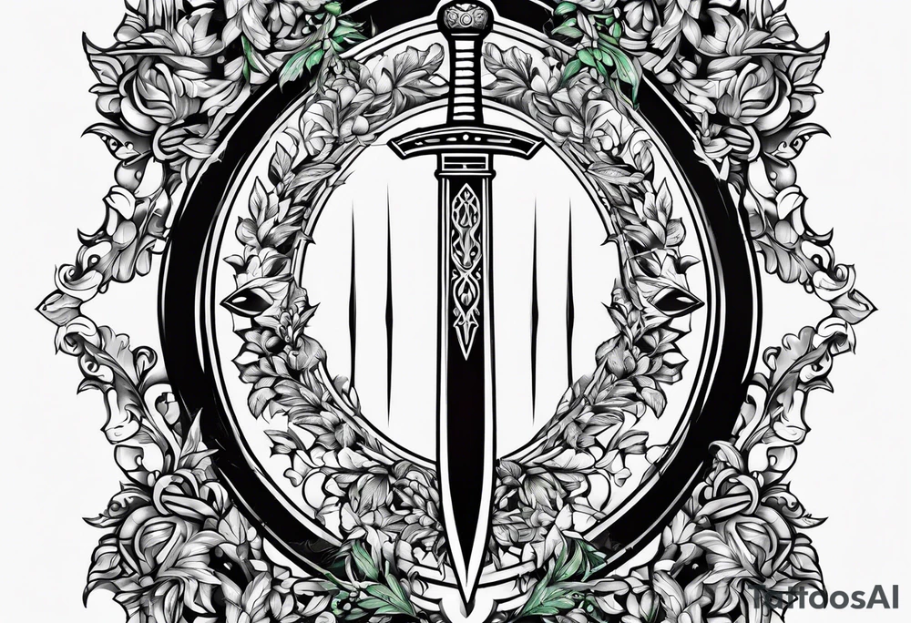 An athame dagger with an oak hilt turned upright and emerald gemstones on it tattoo idea