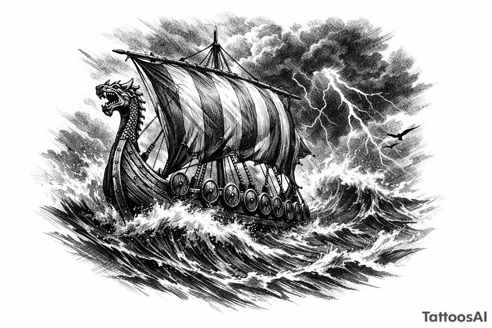 Viking longship sailing through stormy, cresting waves, dark sky. tattoo idea