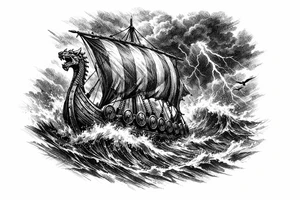 Viking longship sailing through stormy, cresting waves, dark sky. tattoo idea