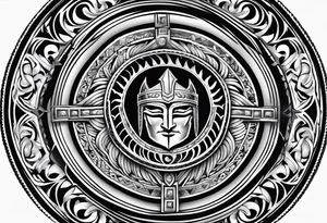 Spartan shield with Greek spiral pattern around it tattoo idea