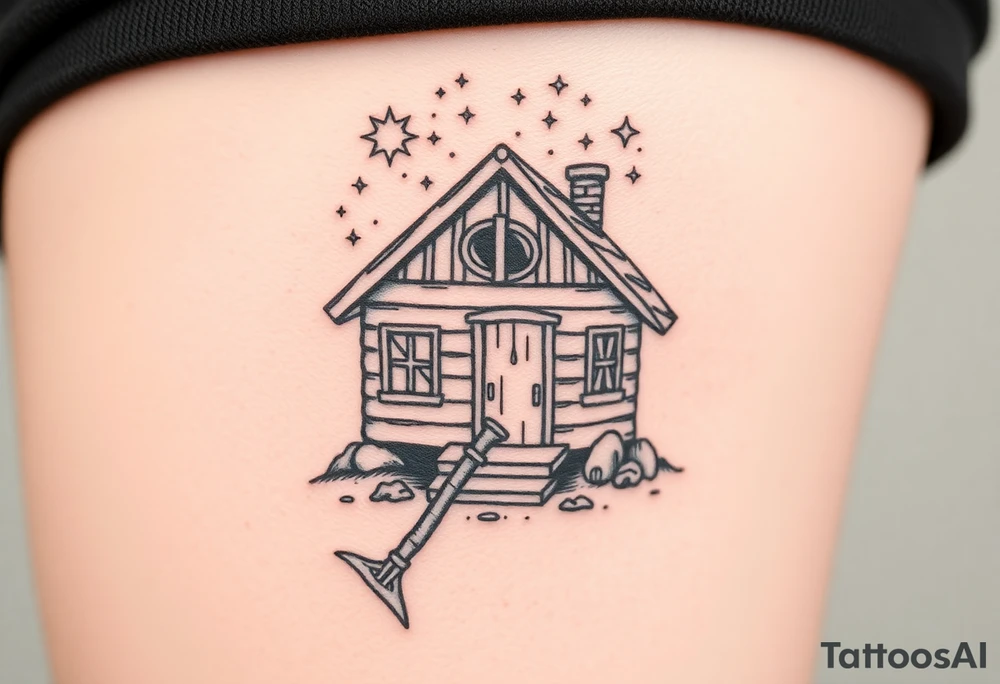 Tiny nordic house with cosmic sky and celestial details. With a pickaxe out the front of the house tattoo idea