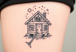 Tiny nordic house with cosmic sky and celestial details. With a pickaxe out the front of the house tattoo idea