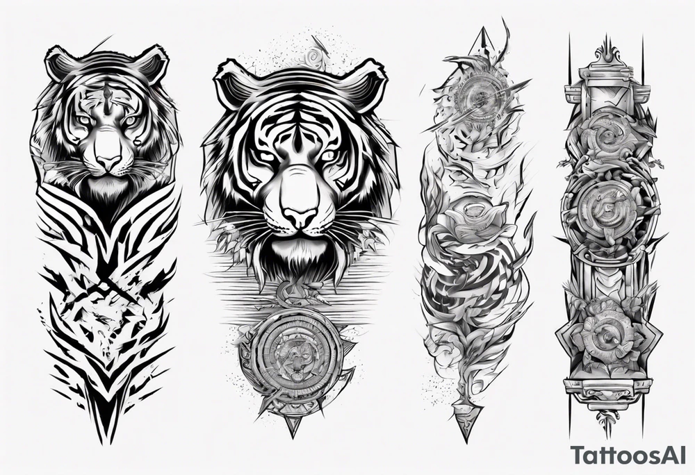 Ancient tiger with lightning and a sun for a forearm sleeve. With patterns surrounding it tattoo idea