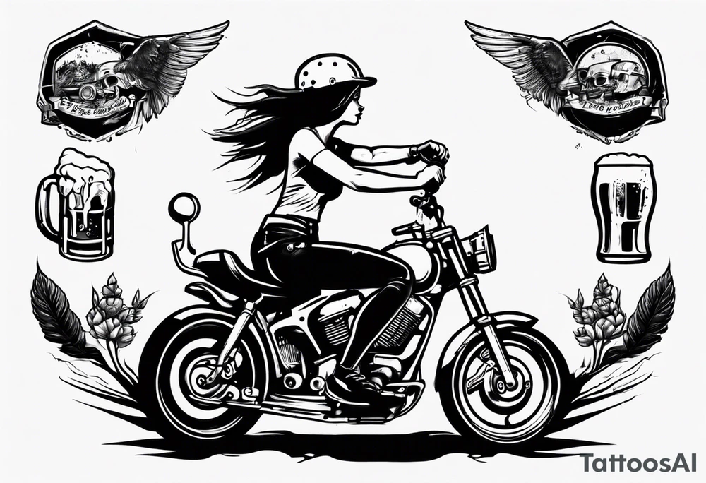 Girl riding motorcycle drinking a beer tattoo idea