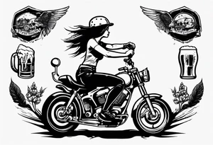Girl riding motorcycle drinking a beer tattoo idea