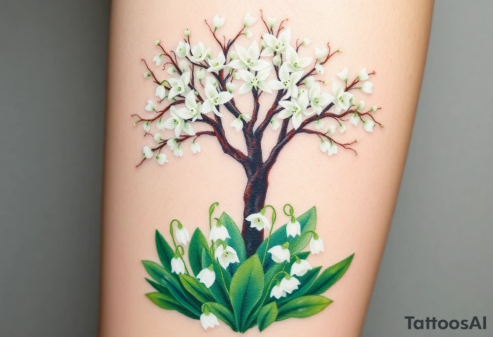 White flowering Lilly of the vally bell plants on the ground underneath a majestic blooming hawthorn tree tattoo idea