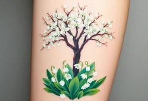White flowering Lilly of the vally bell plants on the ground underneath a majestic blooming hawthorn tree tattoo idea