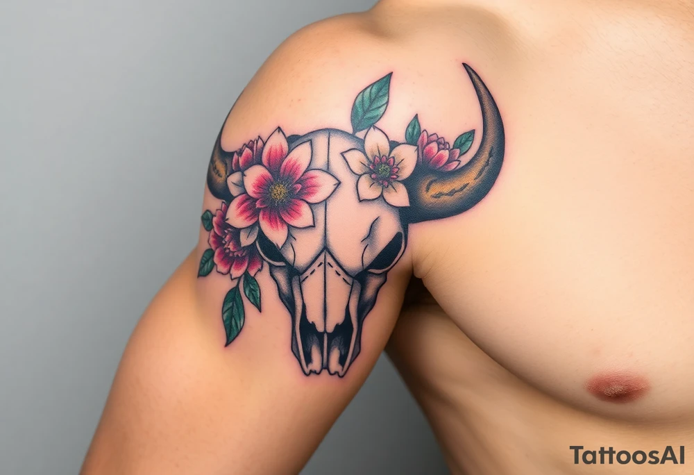 Buffalo or bison skull with flowers. Snow drop and peony. Colour. For upper arm or shoulder. Masculin. tattoo idea