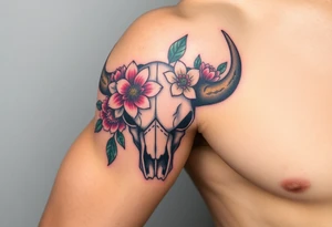 Buffalo or bison skull with flowers. Snow drop and peony. Colour. For upper arm or shoulder. Masculin. tattoo idea