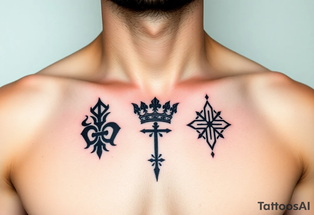Chest tattoo, two laurier and icelandic symbols, dark brest tattoo, crown betwen laurier tattoo idea