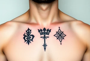 Chest tattoo, two laurier and icelandic symbols, dark brest tattoo, crown betwen laurier tattoo idea