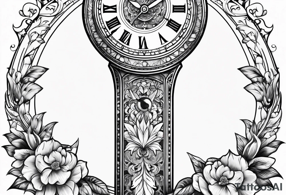 Dagger clock inside handle and flowers on blade tattoo idea