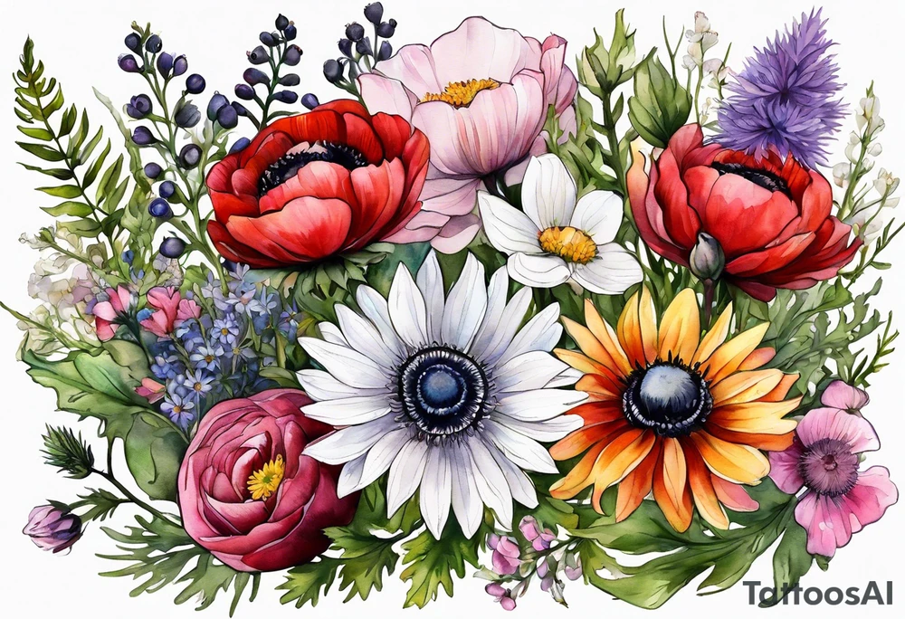 wildflowers with thistles, ferns, ranuculus, white anemones with black center, sun flowers, red flowers, pink flowers, purple flowers, buttercups, babys breath, daisies, and greenery all in watercolor tattoo idea