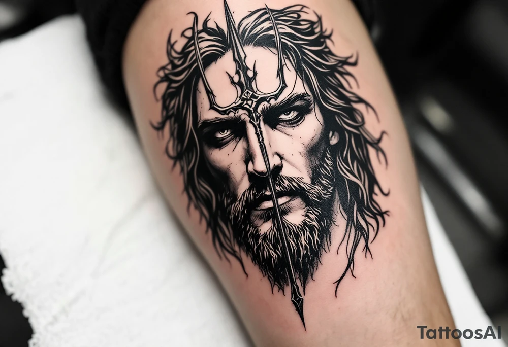 close-up jeasus behind a trident tattoo idea