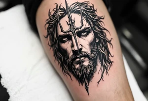 close-up jeasus behind a trident tattoo idea