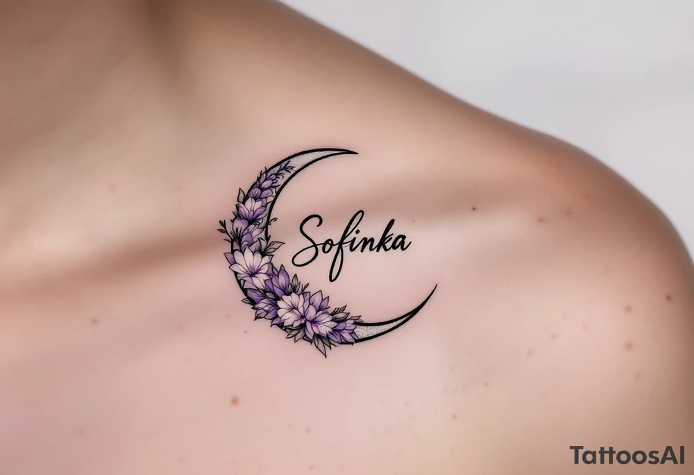 Sofinka name nestled within a crescent moon, shaded in light silver and pastel violet. tattoo idea