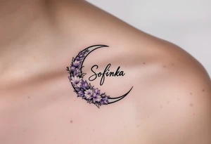 Sofinka name nestled within a crescent moon, shaded in light silver and pastel violet. tattoo idea