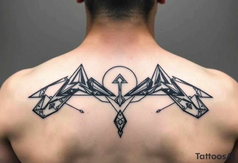 other worldly that covers the upper middle back and is geometric that also uses negative spaces and plays with shading tattoo idea