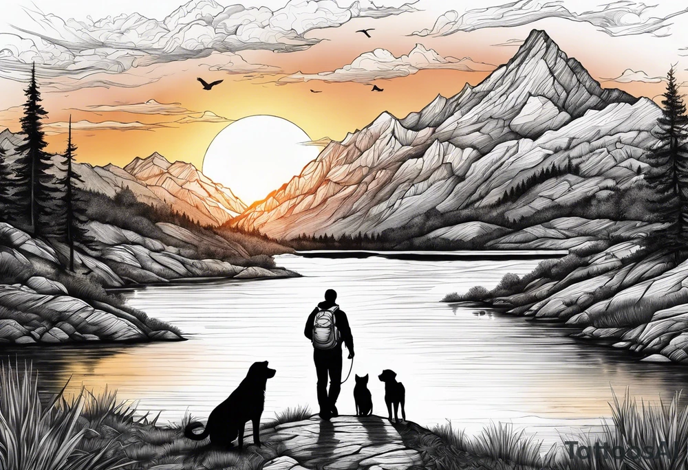 nature, sunset, mountains, a father and son hiking with their dog and cat by the water and a cross in the distance tattoo idea