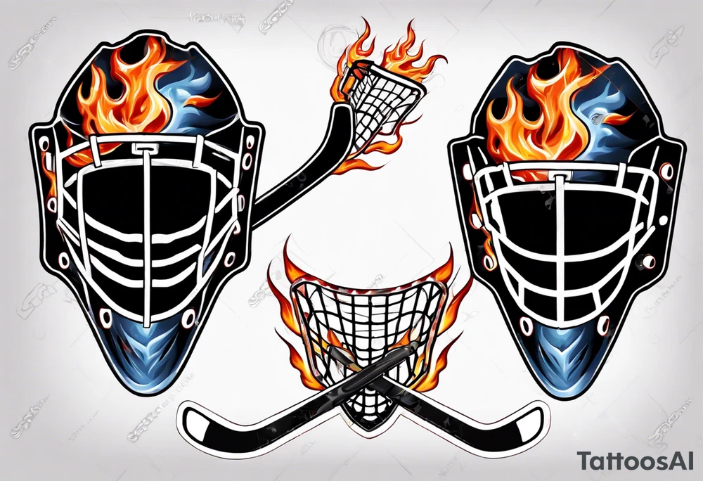 a goalie mask with crossed hockey sticks and flames saying "SHOT HOCKEY" tattoo idea